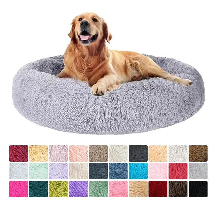 Lit rond pour chien personnalisé, confortable, avec donuts, peluche colorée, corail, grand lit rond calme pour chien avec fermeture éclair