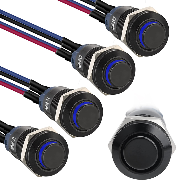 12mm Metal Momentary Latching Switch Black Shell IP65 Waterproof Push Button Switch,1NO 1 Normally,Self-Locking with LED