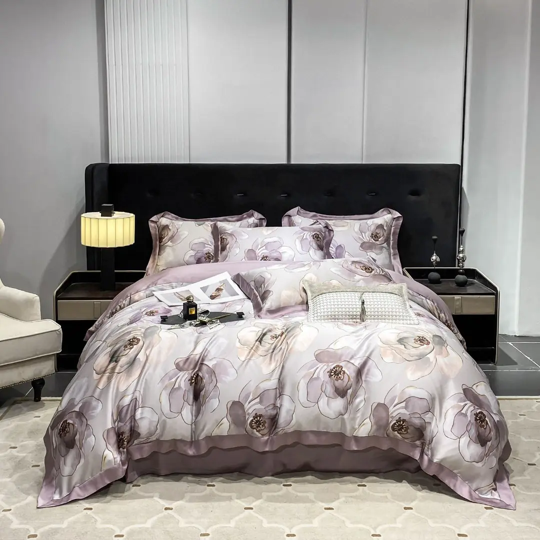 Wholesale High Quality Design Breathable Duvet Cover Purple Printing 100% Lyocell Fiber Bedding Set