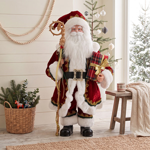Deep Red Velvet Gold Braid Santa Claus Figure with Crozier Staff for Farmhouse Porch Xmas Decor - Product Image 1