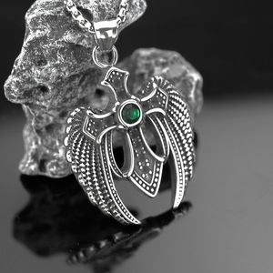 yunnique Stainless Steel Men's <b>Cross</b> Wing Pendant With Green Gemstone Asymmetrical Design For Gift Necklace Charm - Product Image 1