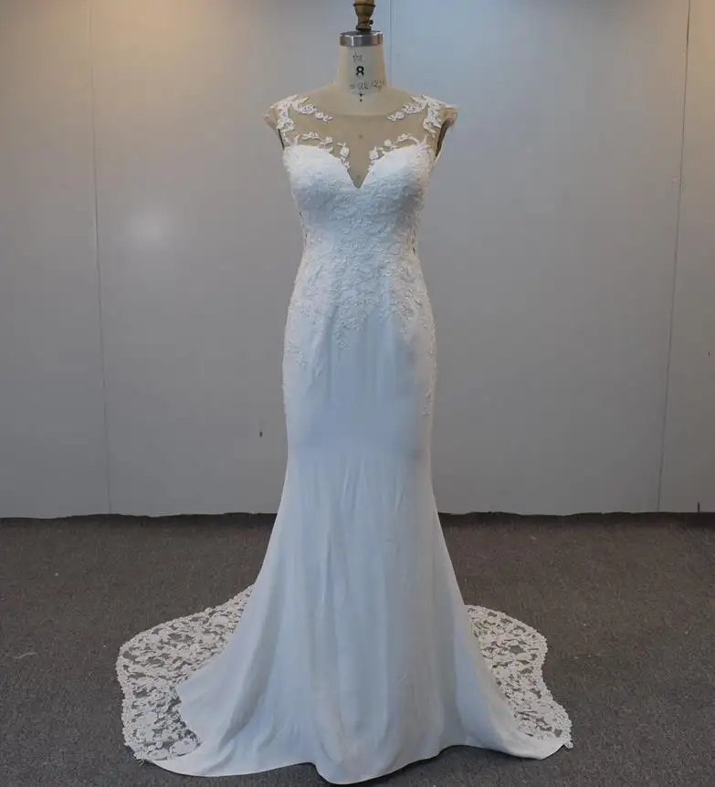 Trendy Hand Made Ivory Illusion Lace Mermaid Bridal Gown Pearl Beaded Fish Tail Wedding Dress