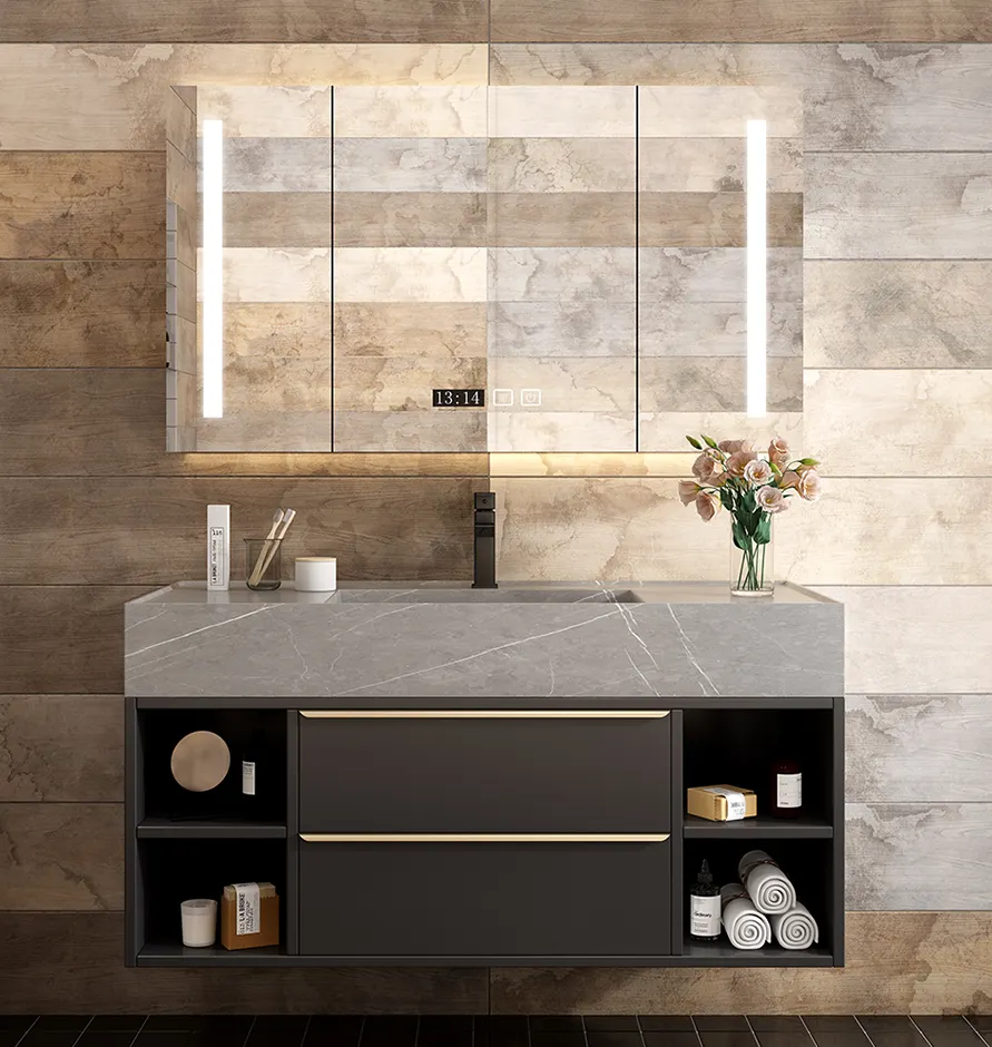 Tocador de baño con espejo Led, mueble de almacenamiento grande montado en la pared, moderno, con doble lavabo, tocador flotante, proveedor de China