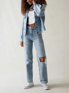 Jeans de namorado rasgados de fábrica, jeans clássicos vintage, ajuste solto, jeans para mulheres, jeans de danos destrutivos, azul claro, para namorado, anos 90s