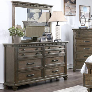 Commode de chambre à coucher en bois gris rustique avec garniture perlée, meuble de rangement traditionnel de style farmhouse avec miroir - Product Image 1