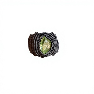 HARI OM CREATIONS Handmade Vintage Boho Macrame <b>Ring</b> Natural Green Gemstone Crystal Black <b>Adjustable</b> Statement Cord Rhodium IGI - Product Image 1