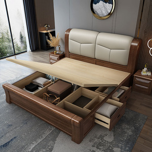 Walnut Solid Wood Bed 1.8m Storage Soft <b>Headboard</b> Modern Chinese Style Double Bed Bedroom Furniture - Product Image 2