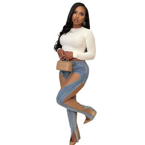 Venta al por mayor de las mujeres Jean Ladies Denim Sexy Mesh Sand Combinación Sheer Slit Stretch Slim Hip <span class=keywords><strong>Jeans</strong></span> - Product Image 3