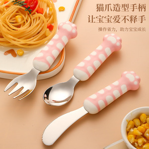 Juego de cubiertos para niños de acero inoxidable 304 con diseño de pata de gato, cuchillo, tenedor y cuchara para bebés, entrenamiento de autoalimentación de 2 a 4 años - Product Image 1