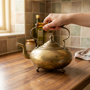Bouilloire à thé vintage en laiton avec poignée et couvercle en bois, pot à eau en métal - Product Image 5