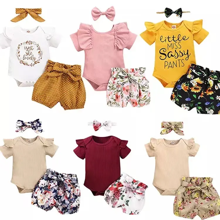 Vente chaude manches courtes bébé barboteuse ensemble vêtements pour bébés fleurs cassées 100% coton bébé filles ensembles de vêtements