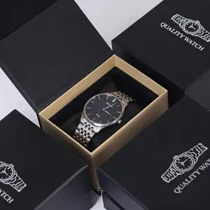 Emballage de boîte de montres en carton de papier cadeau noir en forme de livre pour hommes avec logo personnalisé d'oreiller