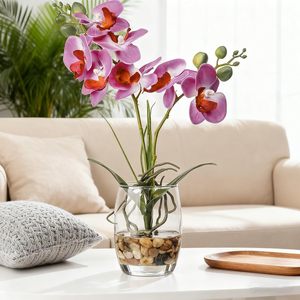 <span class=keywords><strong>Orquídea</strong></span> Artificial Morada en Florero de Vidrio, Arreglo Realista de Phalaenopsis en Maceta, Decoración para Mesa de Hogar u Oficina, Flor de 14.5 Pulgadas - Product Image 3