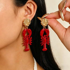 Lobster Shape Drop <b>Earrings</b> Red Crystal Geometric Animal Design Party Fashion Jewelry Stainless Steel Ear <b>Post</b> - Product Image 3