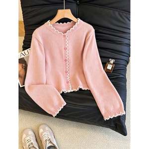 Ruffle Trim Long Sleeve <b>Cardigan</b> Black And <b>White</b> Women's Knitwear - Product Image 2