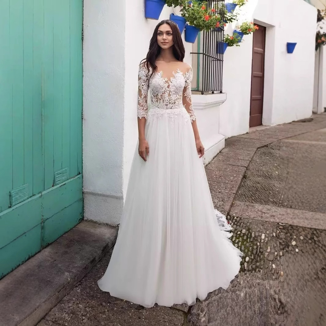 knee length dresses for ladies White Applique 3/4 Sleeve Gown by Ladivine J883W main image 0