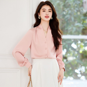 Women's Long Sleeve V Neck Shirt Solid Color Satin Office Wear Red - Product Image 2