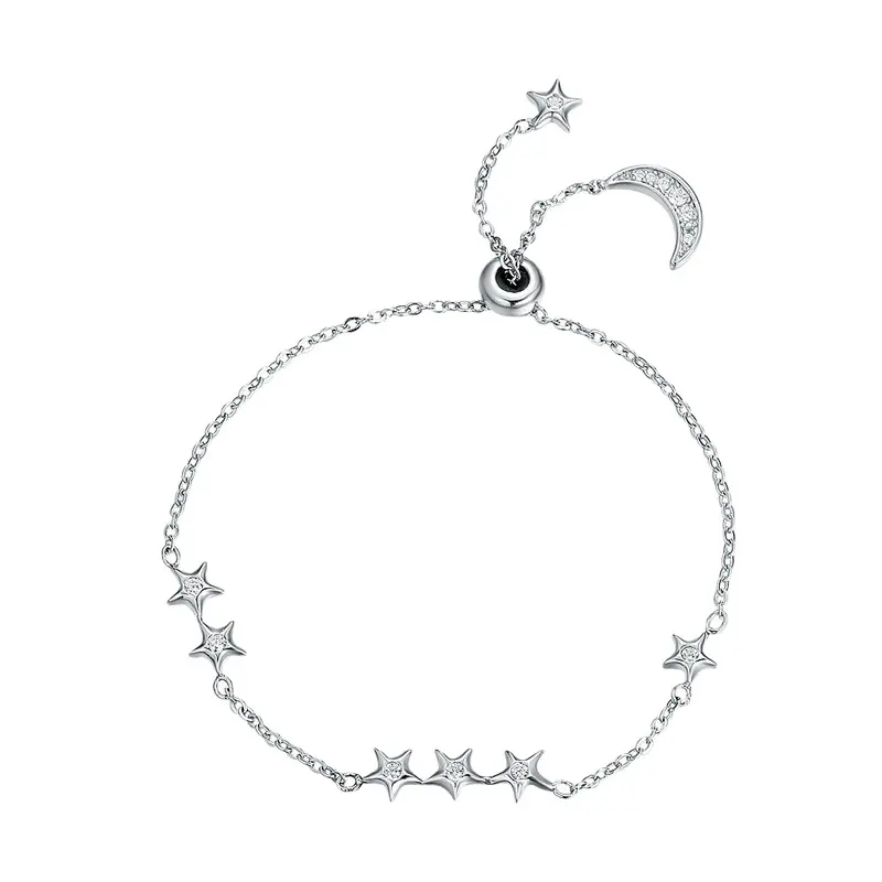 Sweet Whisper of Moon & Star Clear CZ Link Pulseira Bonito Jóias Finas Genuine 14K banhado a ouro 925 Sterling Silver New CLASSIC