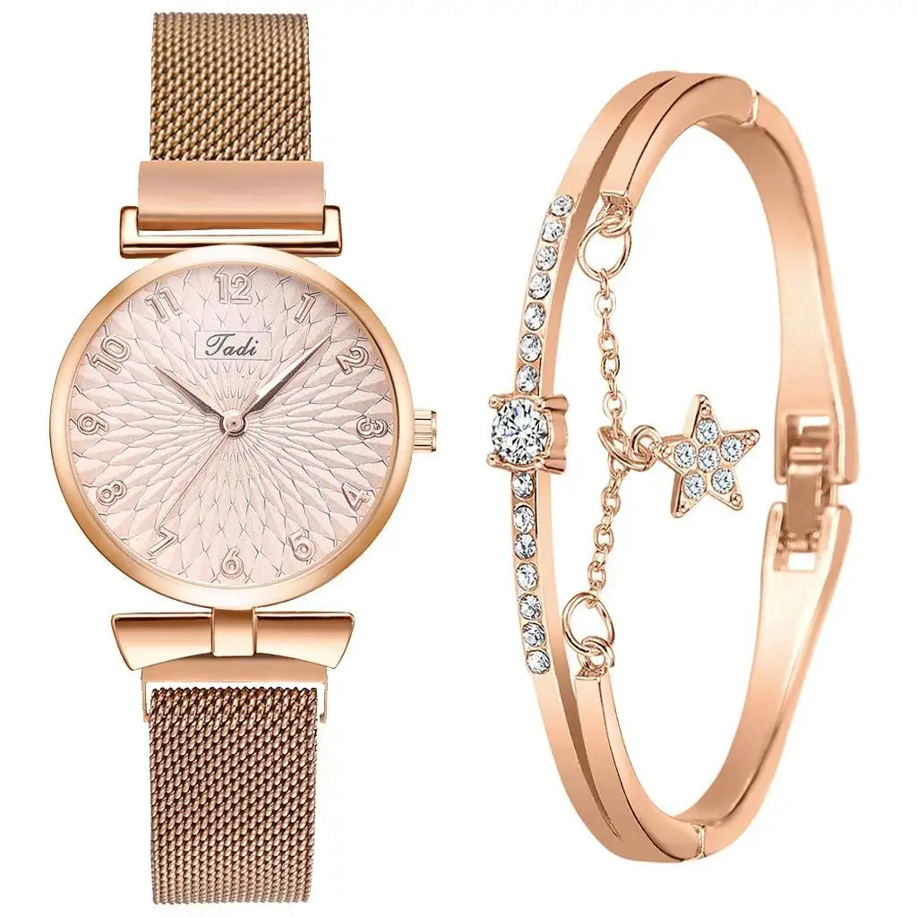 Hifive 2pcs Damen Quarz Armbanduhren Star Crystal Rose Gold Frau Armband Uhren set