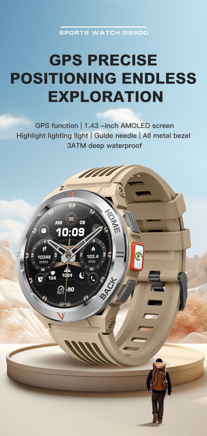 GS500 AMOLED Screen Waterproof Smart Watch with LED Flashlight