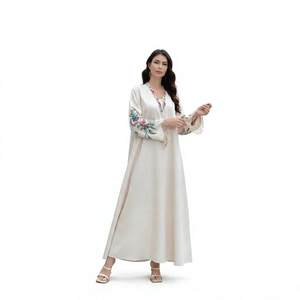 High Quality Women Floral Embroidered Long Sleeve Maxi Abaya V Neck Modest <b>Dress</b> Polyester Loose Fit Daily Wear Spring Seamless - Product Image 1