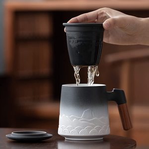 Embossed Gradient Large Ceramic Coffee Mug <strong>Set</strong> With Infuser and Lid Loose Steeping <strong>Teacup</strong> <strong>Set</strong> Ceramic Mug - Product Image 4