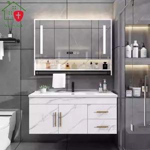 Tocador de baño moderno montado en la pared Espejo inteligente Encimera con estampado de mármol Opciones de tamaño personalizables Tablero de melamina MDF - Product Image 5