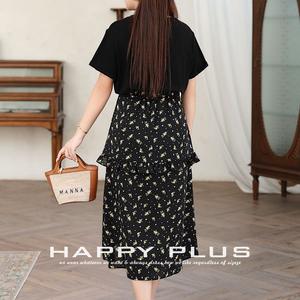 Vestido acampanado Runqi de talla grande para mujer, estampado floral negro, efecto dos piezas, cuello redondo, detalle de abertura, cintura natural - Product Image 4