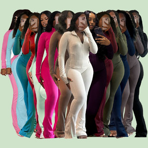 Trajes de otoño para mujer Chaqueta sólida Top y pantalones acampanados de cintura alta Conjunto de dos piezas a juego Ropa de mujer para correr - Product Image 1