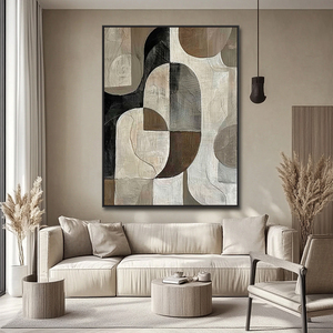 Peinture murale originale de grande taille, neutre, moderne, Wabi Sabi, toile beige, noir, minimaliste, œuvre d'art, texture brune, abstraite, géométrique - Product Image 1