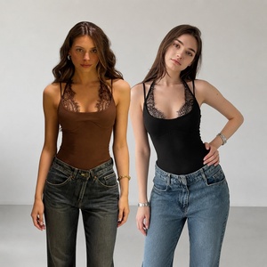 Body de Mujer sin Mangas con Ribete de Encaje, Color Sólido, Elástico y Ajustado, Mono de Una Pieza, Ropa Casual de Alta Calidad - Product Image 1