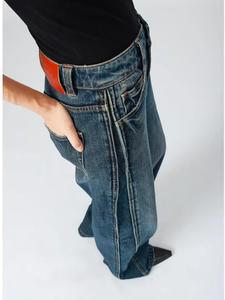 OEM loed High Rise <span class=keywords><strong>larghi</strong></span> <span class=keywords><strong>Jeans</strong></span> <span class=keywords><strong>larghi</strong></span> da mamma da donna blu scuro con bottone con rivetto ricamato lungo drappeggio Casual in vita da lavare con scimmia - Product Image 5