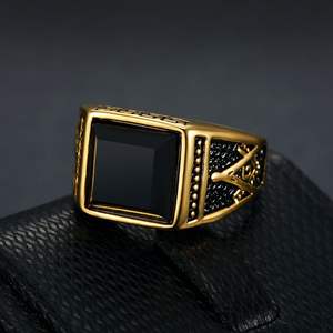 Retro Fashion Big Square Black Gemstone <strong>Titanium</strong> Stainless Steel <strong>Men</strong> <strong>Rings</strong> Gold Plated Knight Signet Masonic <strong>Rings</strong> - Product Image 4