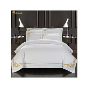 Jogo de cama para hotel de luxo 5 estrelas, estilos de 100% algodão, bordados, capa de duvet, cama plana, 4 peças, branco, floral, venda imperdível