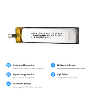 Fabrika 3.87V 240mAh Özel Şekilli Silikon Karbon <span class=keywords><strong>LiPo</strong></span> Pil 1000 Döngü Şarj Edilebilir Akıllı Gözlükler AR VR Giyilebilir Cihazlar için ODM <span class=keywords><strong>OEM</strong></span> - Product Image 5