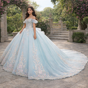 ชุดราตรีงานเลี้ยงสีฟ้าอ่อนแบบเปิดไหล่ ผ้าลูกไม้ organza แต่งลายดอกไม้ปัก พร้อมชายกระโปรงยาวแบบchapel train สไตล์โรแมนติก รุ่น 6946 - Product Image 1