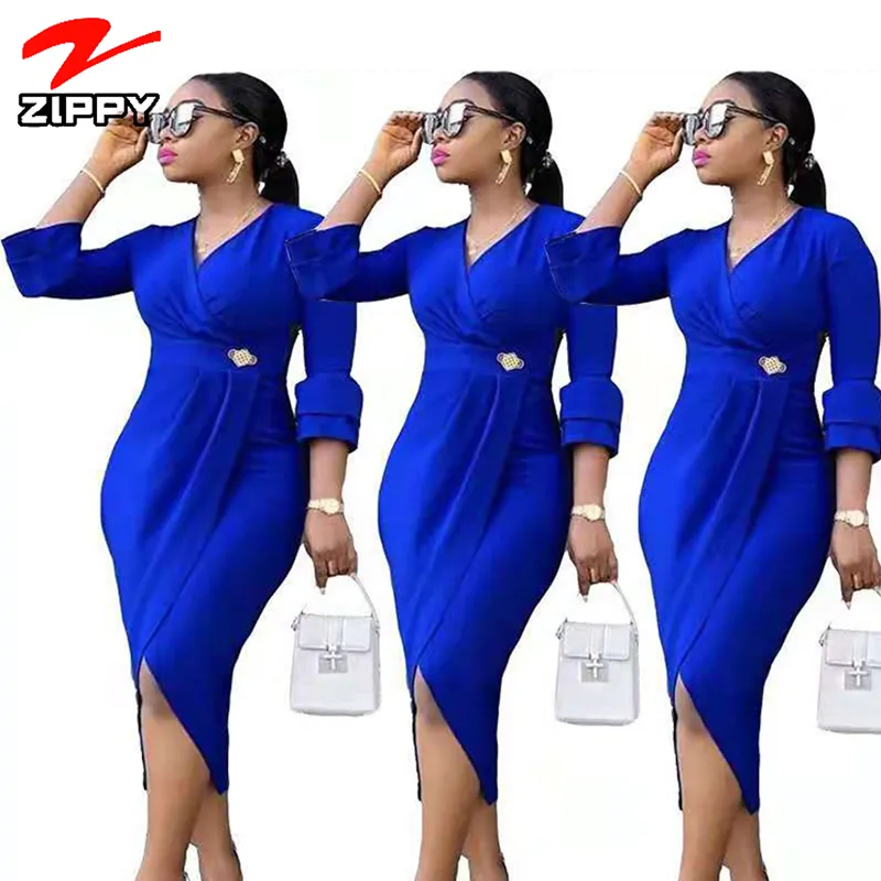 Blue Elegant ladies dress high waist V neck pleat split plus size women's dresses office career dresses