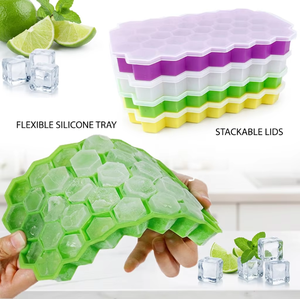 Bandeja de silicona para cubitos de hielo con tapa, molde de hielo de 37 cavidades con forma de panal, apto para alimentos, para whisky, cócteles, café y postres congelados caseros - Product Image 1