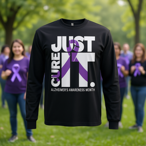 T-shirt a maniche lunghe Just Cure IT per la sensibilizzazione all'Alzheimer, design con nastro viola - Product Image 3
