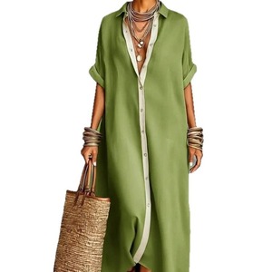 Nuevo Vestido Camisero de Verano 2026 al por Mayor con Bloques de Color en Contraste, Estilo <span class=keywords><strong>Francés</strong></span> Chic, Holgado, Oversize, de Algodón y <span class=keywords><strong>Lino</strong></span>, Maxi Vestido Tallas Grandes Negro - Product Image 5