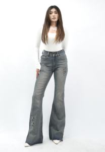 กางเกงยีนส์เอวสูงทรงกอด8839วินเทจ, กางเกงบานเอวสูงสวมใส่สบายอเนกประสงค์สีเก๋ไก๋ทุกวันกันน้ำซีดซักได้ฤดูร้อน - Product Image 6