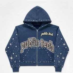 Sweat à capuche zippé pour homme, coupe ample, avec applique brodée personnalisée de haute qualité, grammage lourd 450 g/m², délavage acide vintage et strass - Product Image 1