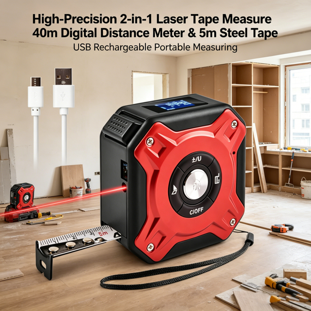 USB Rechargeable 2-in-1 Laser Measure 40M Digital Tape Measure Tool