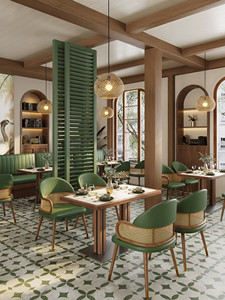 Fauteuil en bois massif avec dossier en rotin et canapé vertical en PU vert, table à manger sur piétement massif, mobilier de <span class=keywords><strong>café</strong></span> et restaurant - Product Image 1
