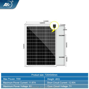 <span class=keywords><strong>AK</strong></span> แผงโซลาร์เซลล์ขนาด70W 6V/18V/36V กรอบอะลูมิเนียมประสิทธิภาพ22% CE ROHS 3.2mm กระจกนิรภัยต่ำ182mm - Product Image 6