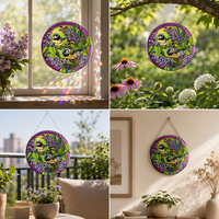 YAPPIE HD-0071 Attrape-soleil en vitrail Art Déco avec couple de moineaux et fleur violette, décoration de fenêtre, cadeau d'anniversaire, personnalisable