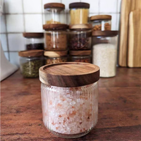 Bocaux à épices HEMERA en verre borosilicate côtelé, hermétiques, avec couvercle en bois d'acacia, 350 ml, portables pour le camping et la cuisine, stockage alimentaire