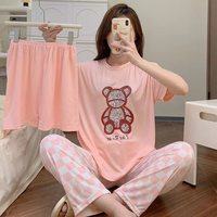 Ensemble de Pyjama Femme 3 Pièces Été Fin Doux Vêtements de Nuit Imprimé Dessin Animé Homewear T-shirt + Short + Pantalon Tenue Décontractée