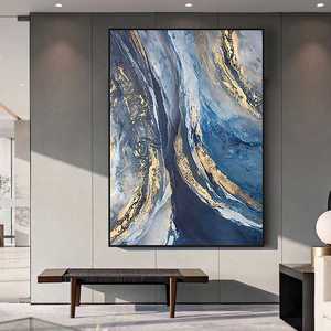 Pittura a olio con cornice galleggiante fatta a mano blu rettangolare da 32x48 pollici su tela