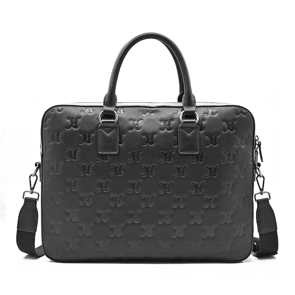 Luxury custom full embossed logo business office lawyer laptop bags big capacity black pu faux vegan leather briefcases for men